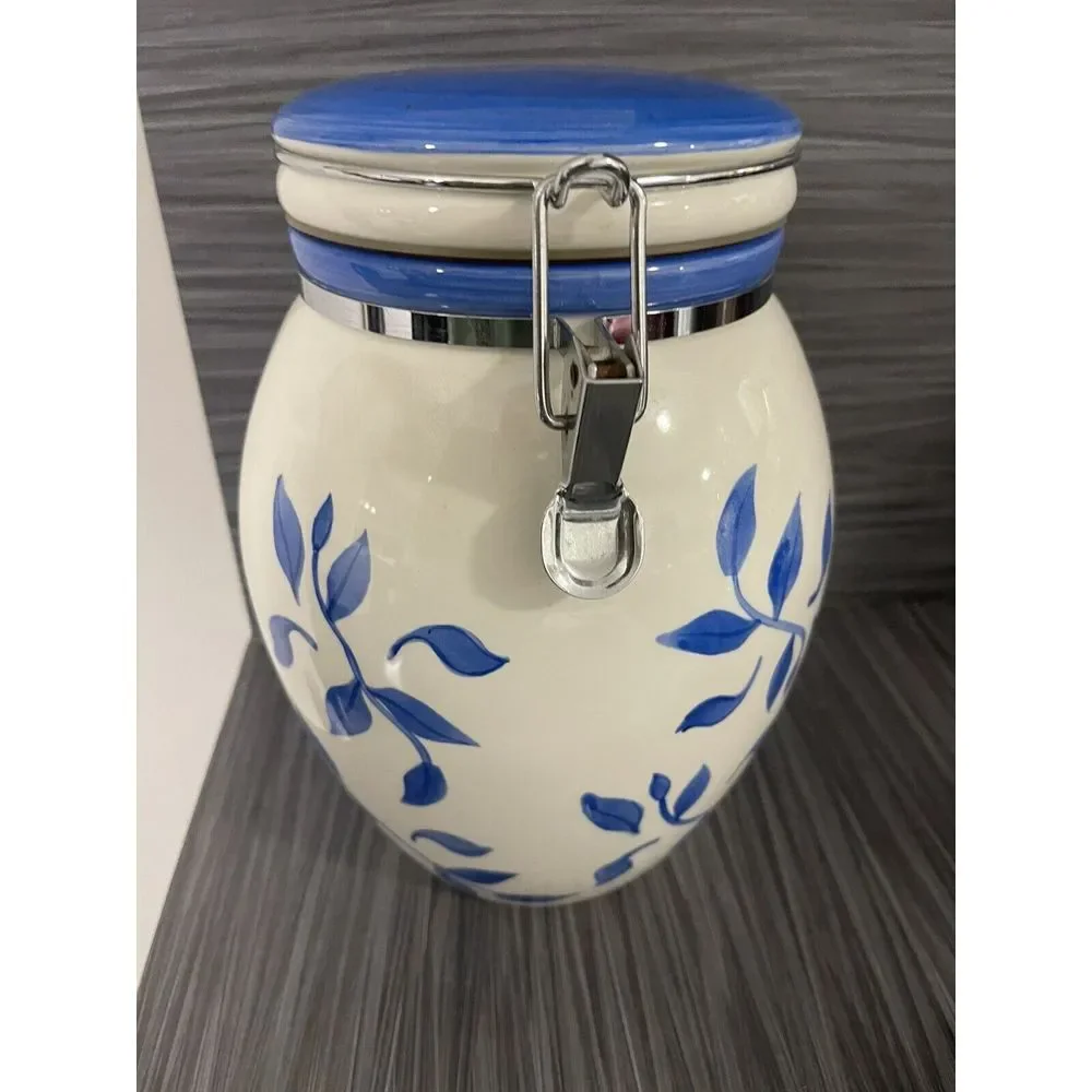 Inspirado Canister Cookie Jar White Blue Vines Stonelite Hinged Sealed Lid 9.75